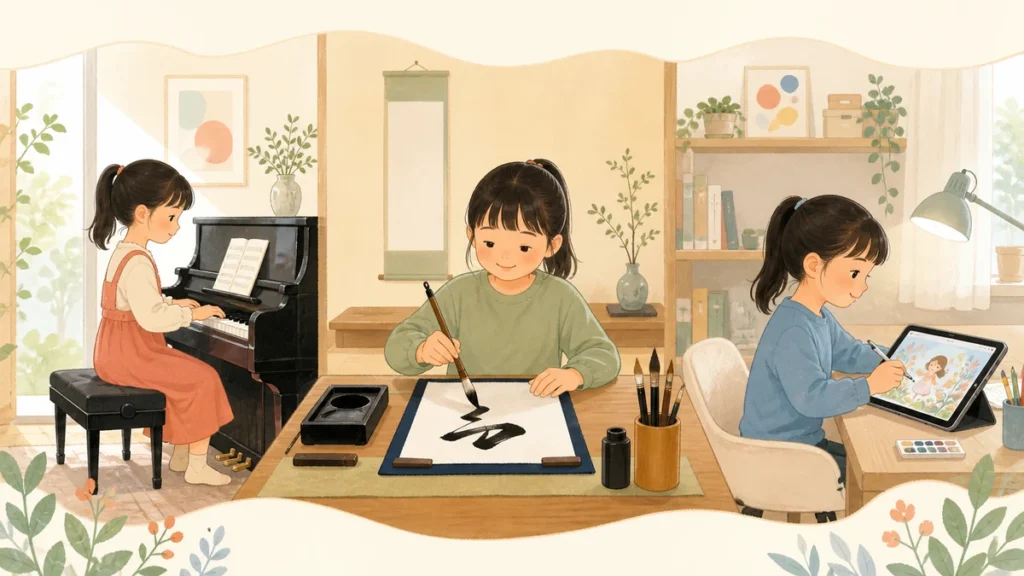 同じ子がピアノ・習字・オンラインイラストを経験するイメージ