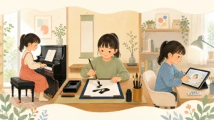 同じ子がピアノ・習字・オンラインイラストを経験するイメージ