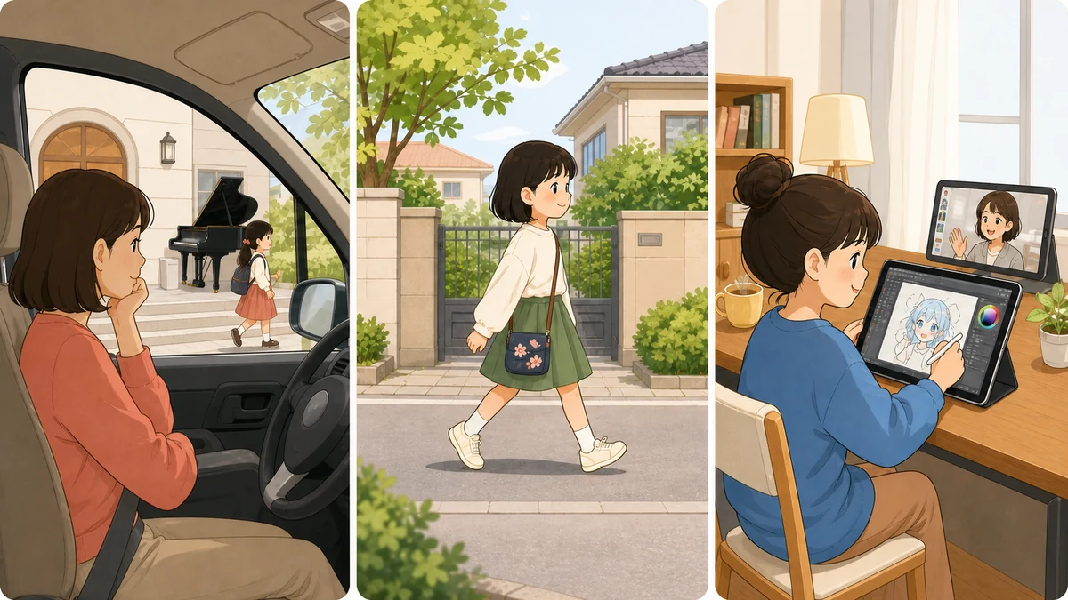 ピアノの送迎・習字の一人通い・オンラインイラストの自宅受講を比べるイメージ
