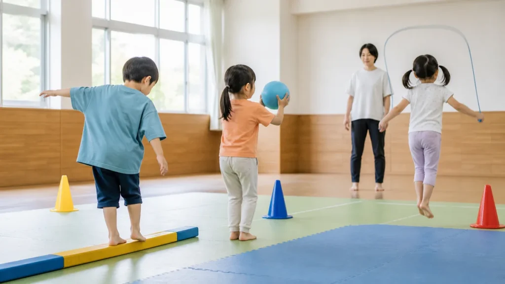 年齢の異なる3人の子どもが複数の運動を体験するイメージ