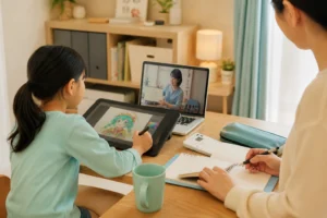 オンラインでデジタルイラストを学ぶ子どもと料金を確認する保護者