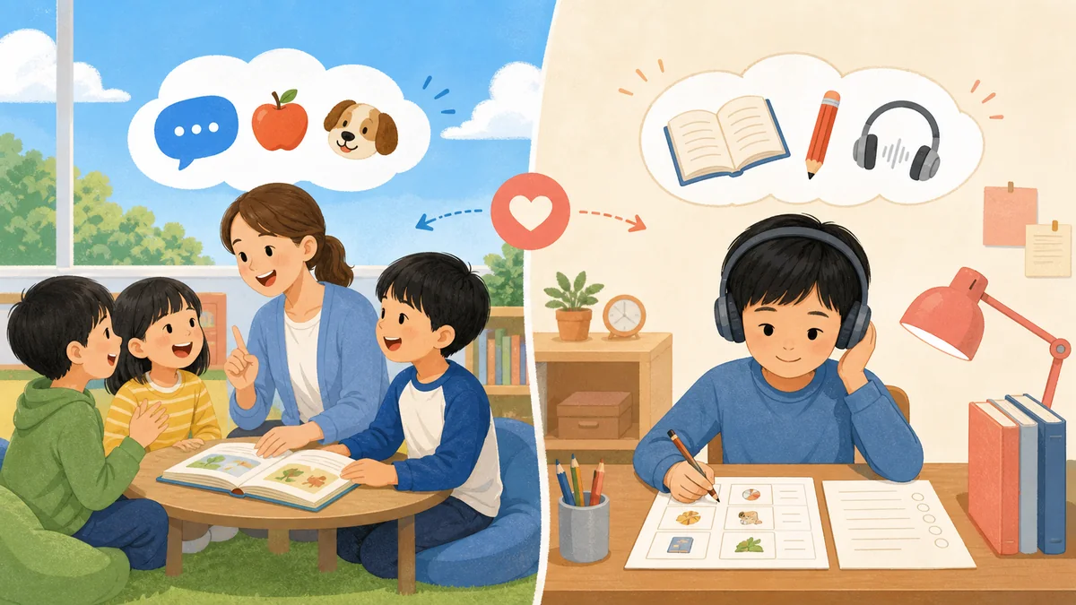 英語学童の日常的な英語環境と英検形式の問題対策を左右に分けて考えるイメージ