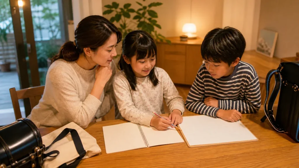習い事と学校の宿題の予定を確認する親子