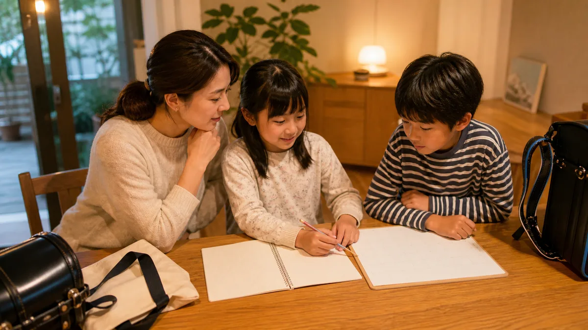 習い事と学校の宿題の予定を確認する親子