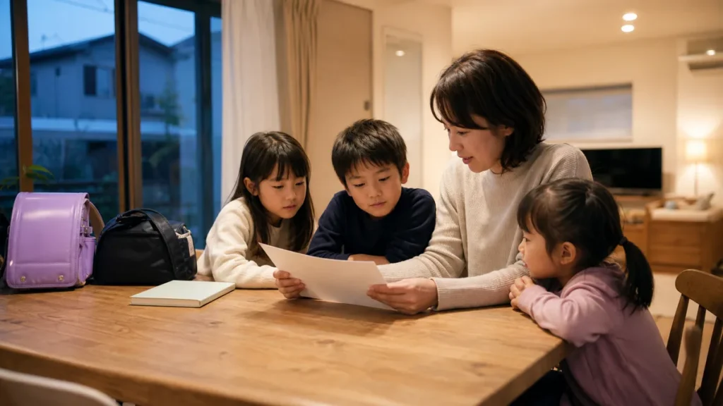 習い事がある日の夕食と就寝時刻を予定表で確認する親子