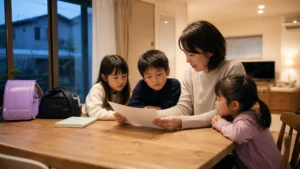 習い事がある日の夕食と就寝時刻を予定表で確認する親子