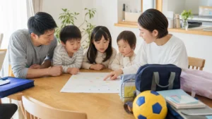 3人の子どもの習い事曜日を家族で確認する様子