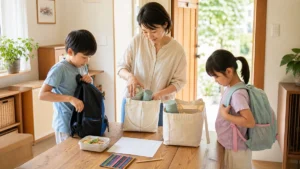 夏休みの英語学童へ行く準備をする親子のイメージ