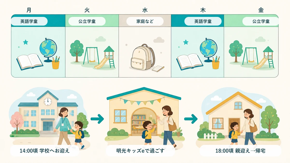明光キッズeを週2日、公立学童を週2日利用した曜日例と学校迎えから帰宅までの流れ