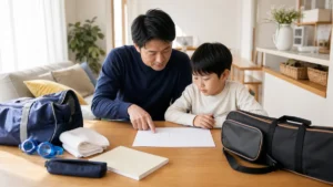 同じ日に複数の習い事を入れる予定を確認する親子