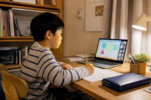 自宅でオンライン探究学習に取り組む小学生