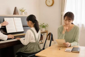 ピアノのレッスンを受ける子どもと月謝を確認する保護者
