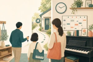 ピアノ教室の送迎と家族の予定を確認する親子のイラスト