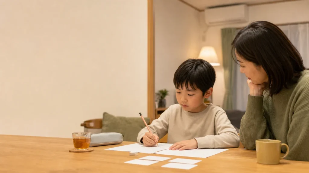 七田式小学生コースの家庭学習でプリントに取り組む子どもと声を掛ける保護者