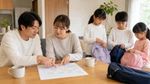 3人の習い事送迎が重なる時間を家族で確認する様子