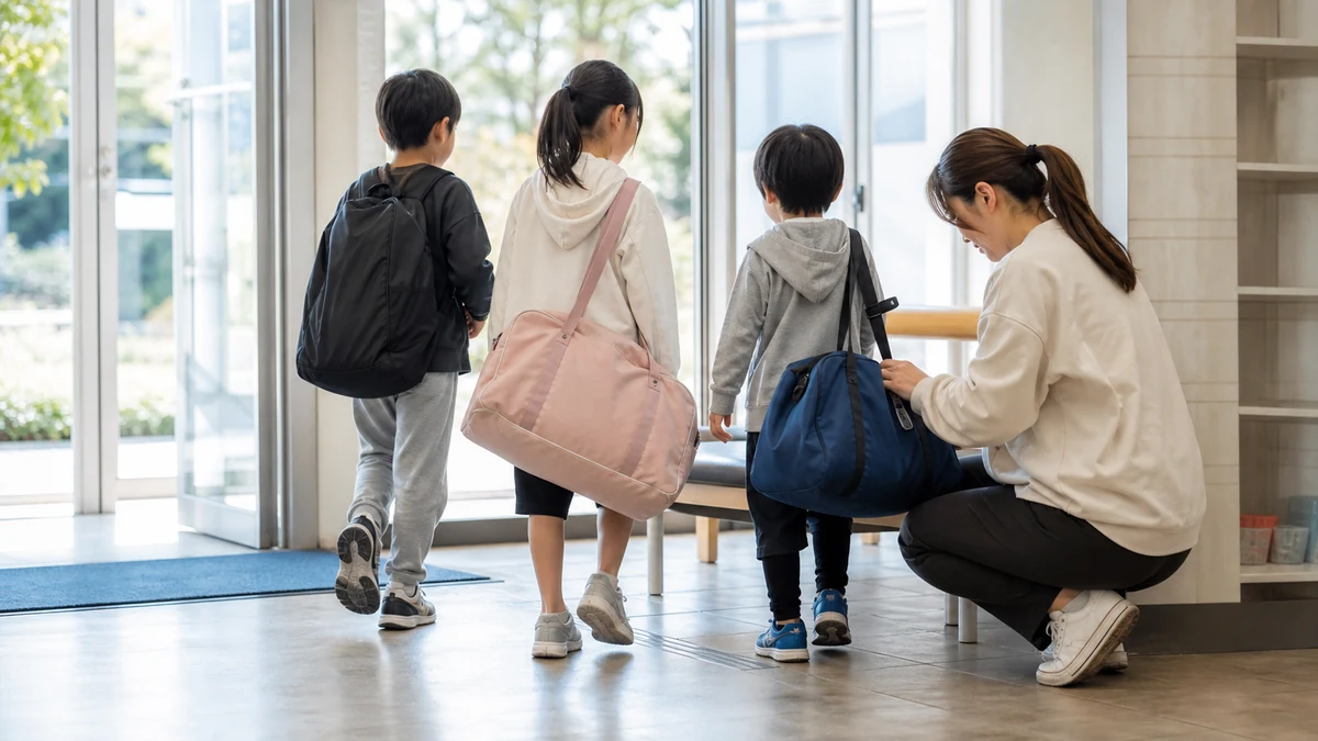 同じ習い事の会場へ向かう3人きょうだいと持ち物を確認する保護者