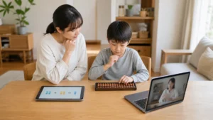 タブレット学習と実物のそろばん学習を家庭で比較する親子