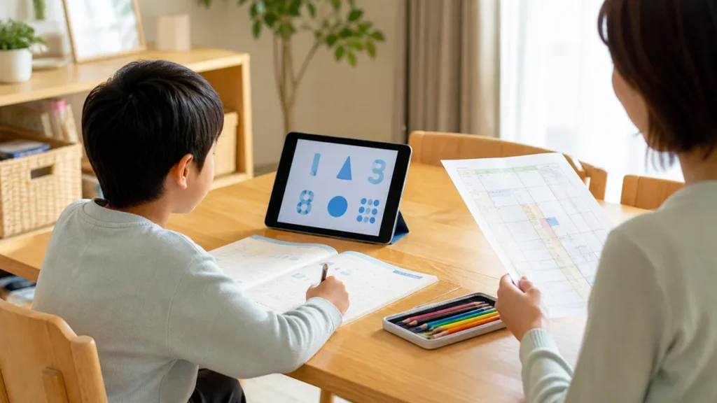 タブレット学習と教材学習を家庭で比較する親子のイメージ