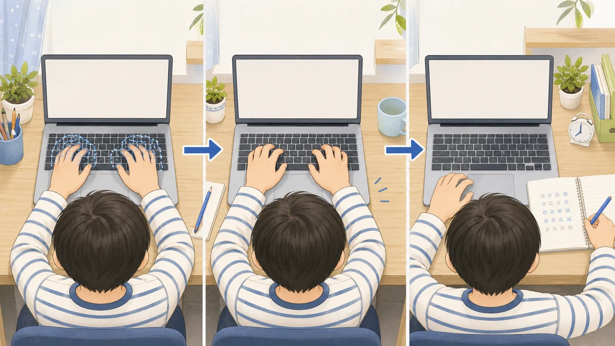 小学生が手の位置を確認し短く入力して振り返るタイピング練習の流れ