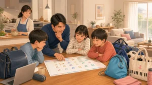 3人の子どもの平日と週末の習い事予定を家族で確認する様子