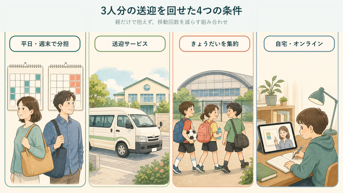 平日と週末の分担・送迎サービス・きょうだいの集約・自宅オンラインの4条件