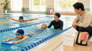 週1回の水泳を続けて異なる泳法を練習する3人の子どもと見守る父